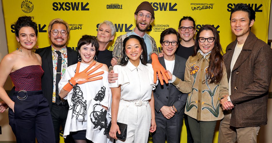 (L-R) Jenny Slate, Daniel Kwan, Tallie Mendel, Jamie Lee Curtis, Daniel Scheinert, Stephanie Hsu, Ke Huy Quan, Jonathan Wang, Michelle Yeoh and Harry Shum Hr. attend “Everything Everywhere All At Once” premiere – SXSW 2022. Photo by Rich Fury/Getty Images for SXSW