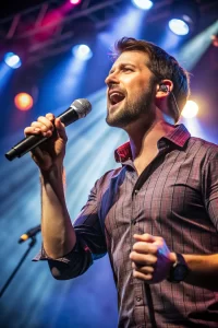 Man holding microphone and singing. 